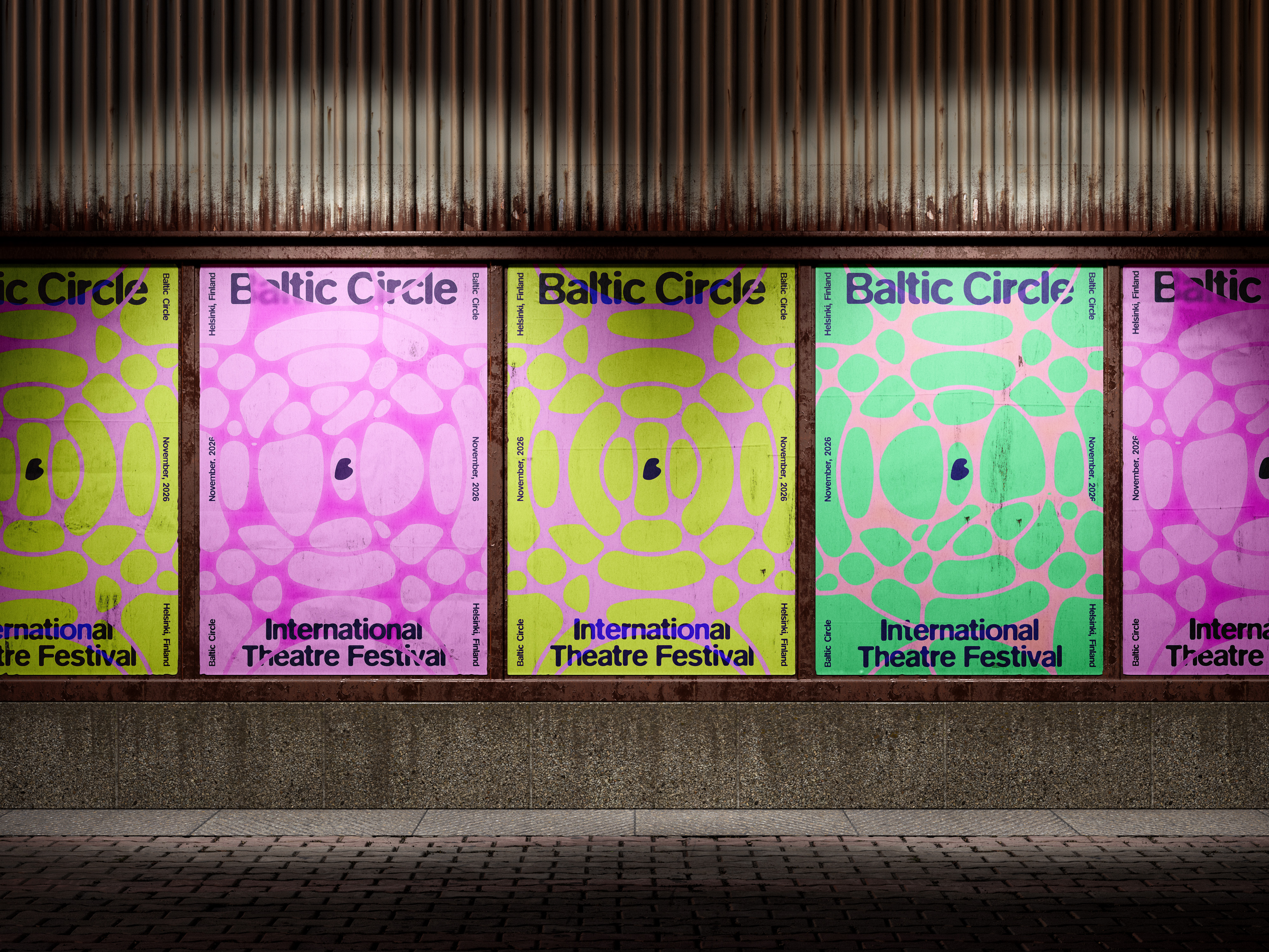 Pink, yellow, and turquoise Baltic Circle theatre festival posters.