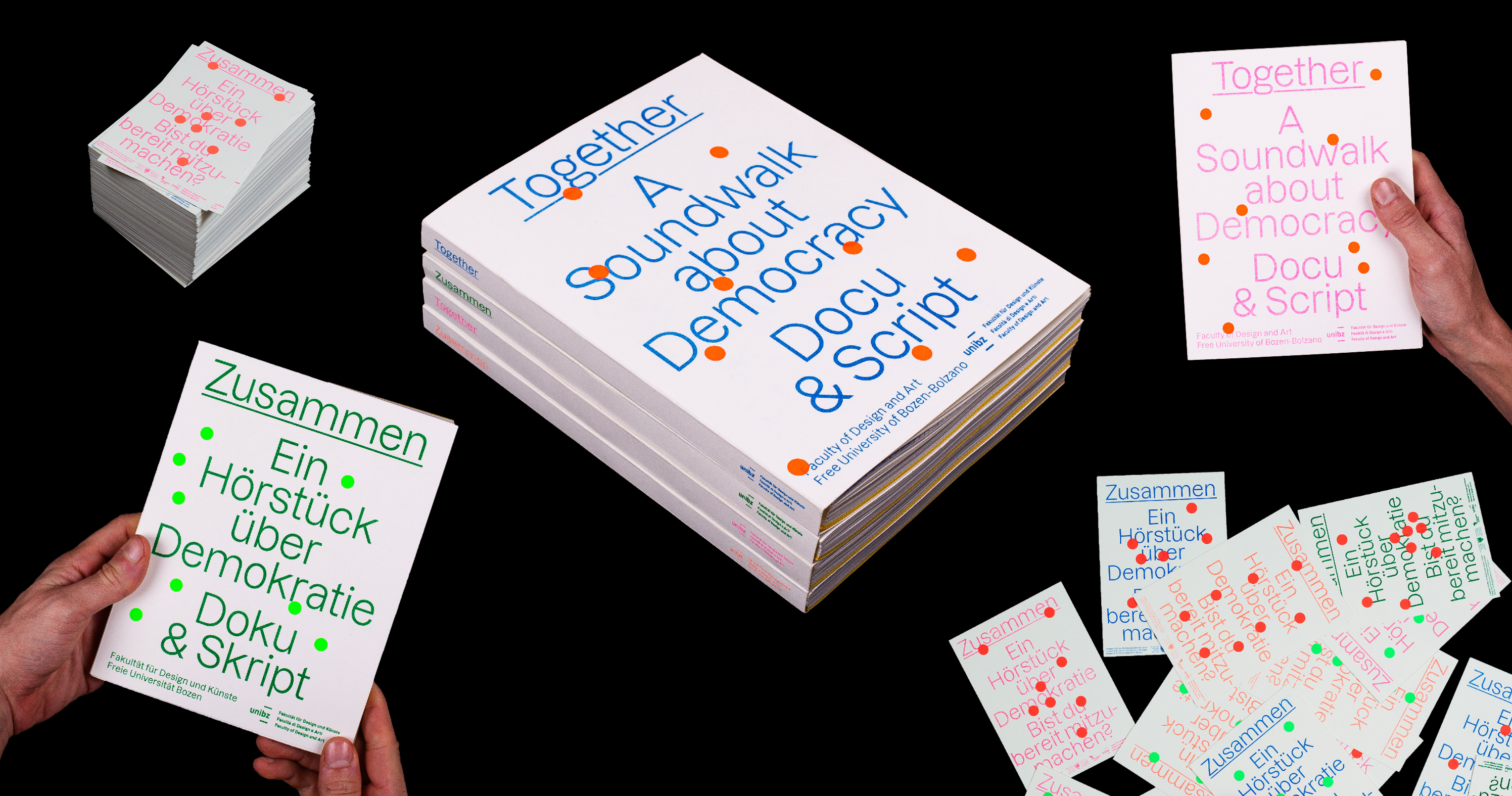 Together publications with playful blue, pink, and green typography.